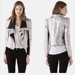 BCBGMaxAzria Silver Blossom Metallic Moto Faux Leather Jacket Sz S
